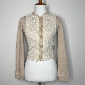 KNITTED DOVE French Terry Cardigan Lace Trimmed‎ XS/SM Oatmeal Cottage Core